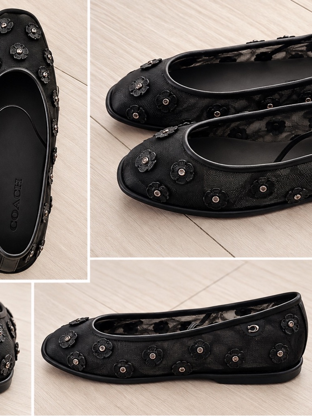 Coach Black Floral Studded Ballet Flats